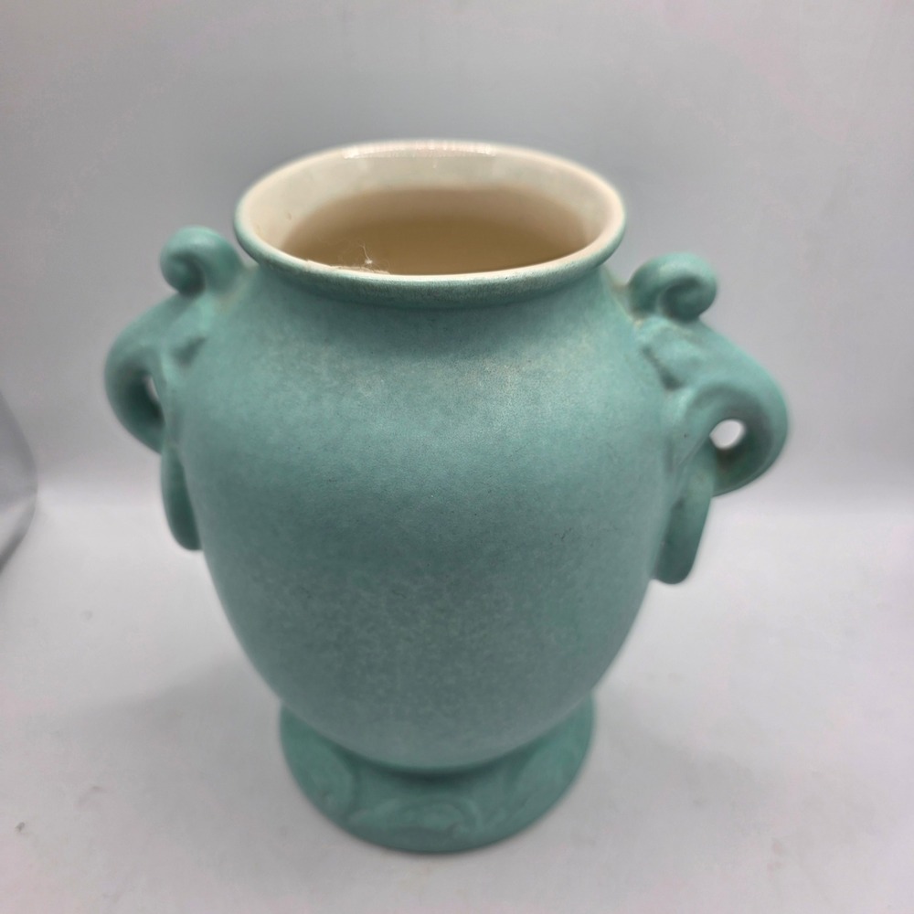 Vintage RumRill 340 Turquoise Art Pottery Vase Elephant Handles Art Deco USA